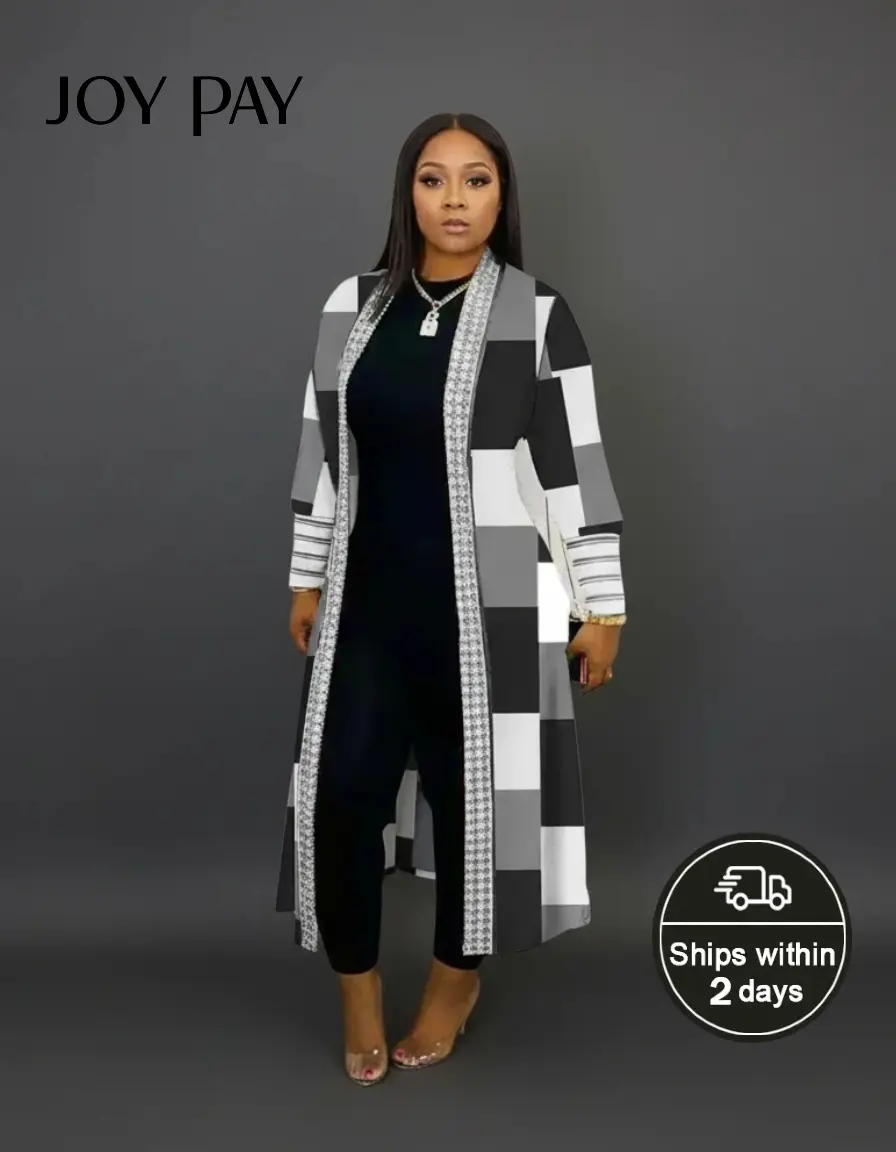 JOYPAY Women's Plus Size Plaid Open-Front Duster - Polyester Women's Clothes, Casual Workwear Uniform Outerwear, Chic Modest Lightweight Breathable Loose-Fit Layering Piece for Spring, Everyday Wear, Fabric, Fashion, Checkered, Statement, Women's Fashion