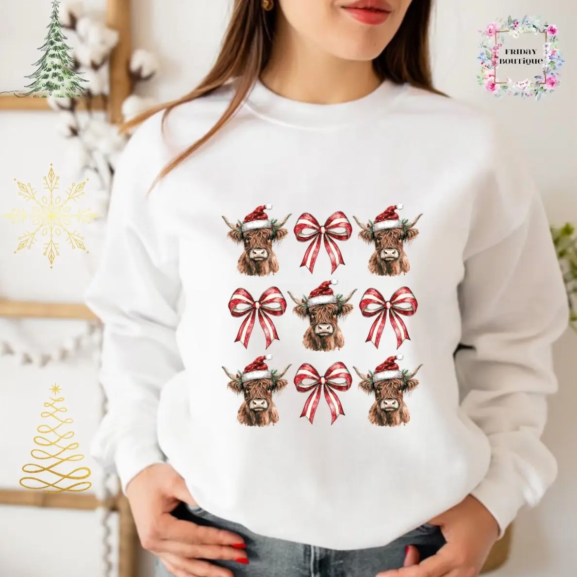 Highland cow coquette Christmas sweatshirt