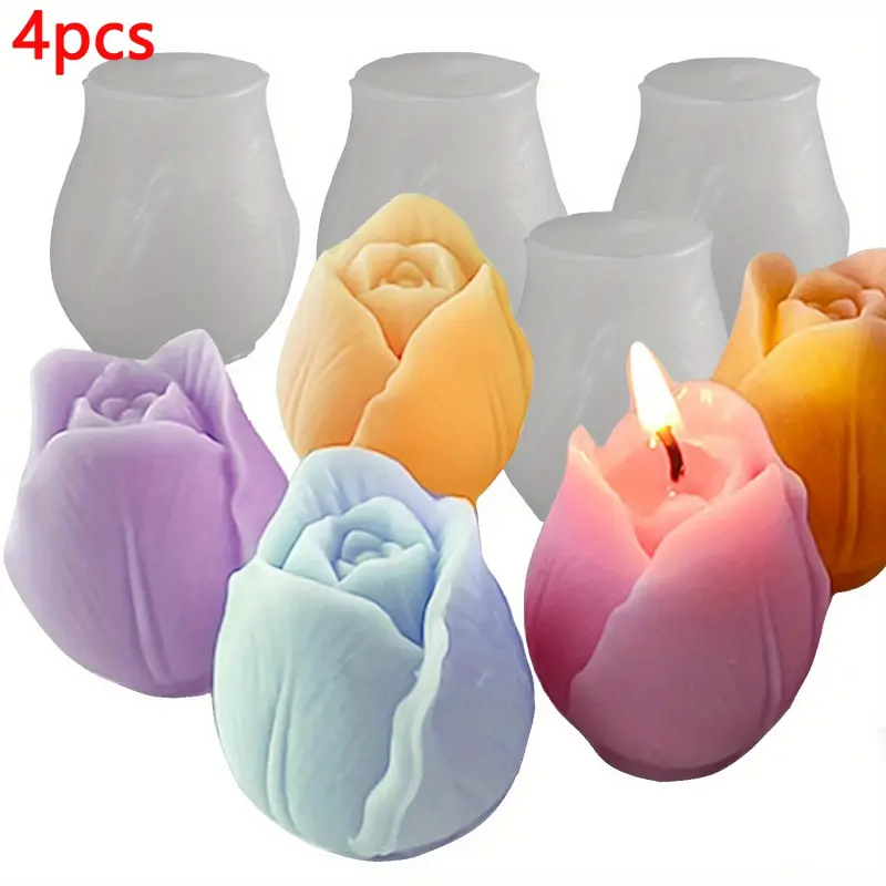 4-Piece Tulip Shape Silicone Mold Set, Flexible Floral Molds for Handmade Soap, Candles, Crafts, Heat Resistant, Ideal DIY Gift Making, Candle Making Supplies