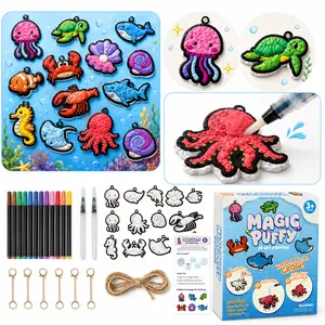 Magic Puffy 3D Art Painting Kit for Kids, 36 Pcs Sea Animal Puffy Craft Set with 15 Magic Puffies, 12 Color Pens, 2 Water Pens, 6 Keychains, DIY Texture Painting Kit, Creative Toy Gift for Kids