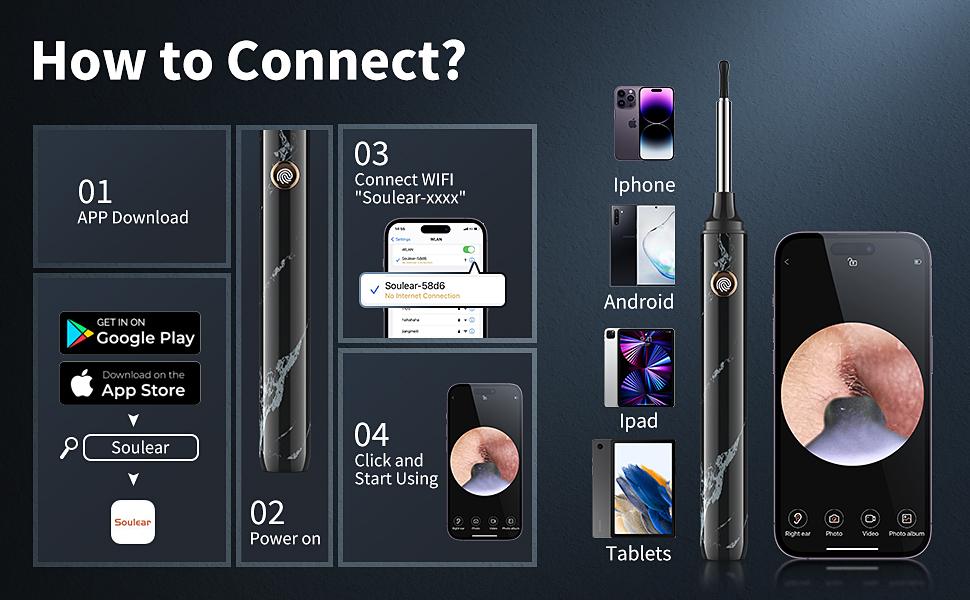 1080P HD EarWax Removal Tool with Camera 7 Pcs Set Rechargeable USB Battery Dual Power Safe Ear Care Gentle with WiFi