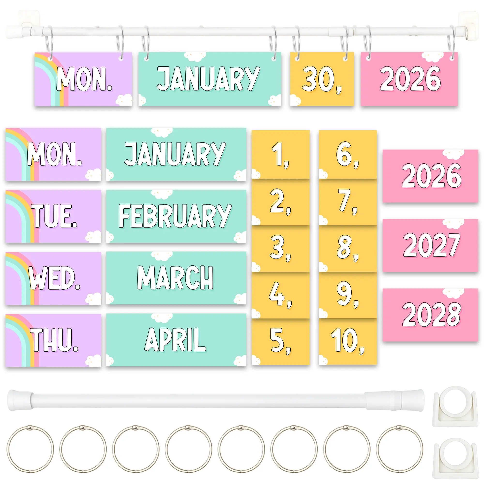 BrightenKidz Bright Pastel Flip Calendar - Rainbow Boho Classroom Calendar Time Set, 2026-2028, 53 Date Cards, 15.7"-27.6" Adjustable Rod, 8 O-rings, Mounting Hooks, Easy Setup, Ideal for Teachers, Hands-On Interaction, Daily Routines Wall Decor