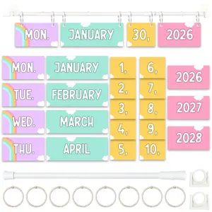 BrightenKidz Bright Pastel Flip Calendar For Classroom, Years 2026 - 2028, Bulletin Board Calendar Set With 53 Date Cards, Adjustable Rod 15.7" - 27.6" & 8 O-rings, Mounting Hooks, Ideal For Teacher, Homeschool & Student Learning Wall Decor