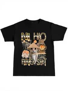 Funny Cat Print T-Shirt, Hello Fine Shit Design, Casual Fitted Style, Daily Wear & Home Leisure, Youth Fashion, Photo
