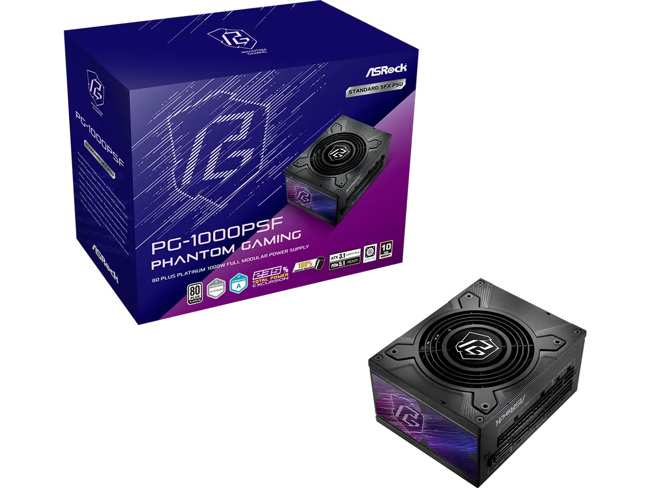 ASRock Phantom Gaming PG-1000PSF 1000W 80 PLUS GOLD & Cybenetics PLATINUM Full Modular SFX Power Supply, ATX3.1 & PCIe5.1 Ready with Dual Color 12V-2x6 Cable, 10 Years Warranty