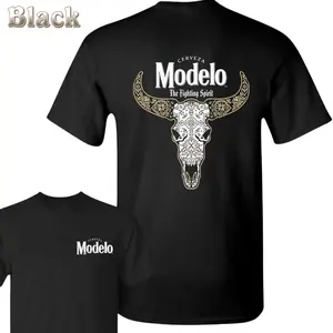 Modelo Beer T-Shirt - Western Bull Skull Graphic With Floral Detail , “The Fighting Spirit” Slogan , Great For Beer Lovers , Bold Streetwear , Cotton Tee , Relaxed Fit , Summer Casual Shirt Casual Top Menswear Crewneck Fabric