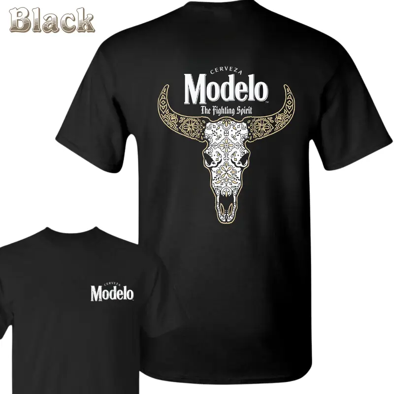 Modelo Beer T-Shirt - Western Bull Skull Graphic With Floral Detail , “The Fighting Spirit” Slogan , Great For Beer Lovers , Bold Streetwear , Cotton Tee , Relaxed Fit , Summer Casual Shirt Casual Top Menswear Crewneck Fabric