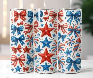 American Pride 4th Of July Stars & Bows with Fireworks Themed Tumbler Cup 20 oz, Stainless Steel, With Straw & Lid, America Themed Cup, 4th of July Cup, Celebrate America Cup