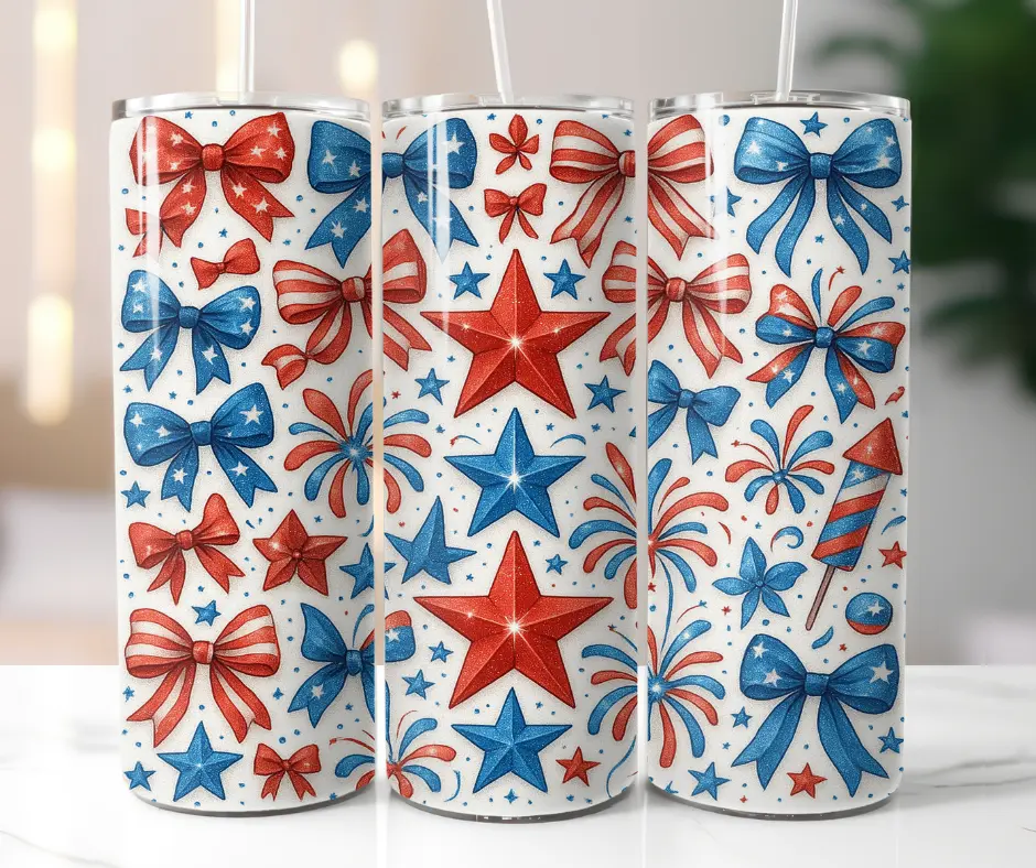 20 oz Stainless Steel American Pride 4th Of July Stars & Bows Fireworks Themed Tumbler Cup - Drinkware Water Bottle with Straw & Lid, Water Bottles, Drink