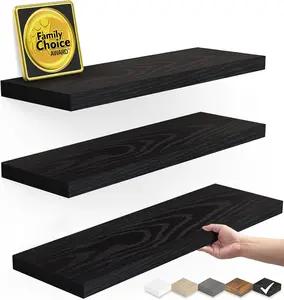 Floating Shelves for Wall, Wall Mounted Rustic Wood Shelves for Bathroom, Bedroom, Living Room, Kitchen, Hanging Shelf for Books/Storage/Room Decor with 22lbs Capacity (Black, Set of 3, 15.7in)