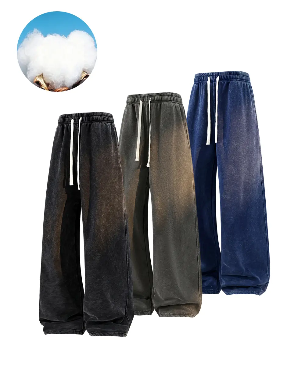 Men’s loose sweatpants, men’s wide-leg long pants — washed distressed cotton blend fabric, drawstring elastic waistband, breathable knit material, retro tones, street casual athletic style long pants, available in multiple colors,sohochic
