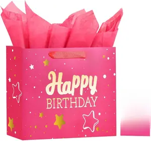 13" Pink Happy Birthday Gift Bag with Tissue Paper and Greeting Card for Party,Happy Birthday Gift Bag for Men Women,Gift Bags Medium size(1 PCS Pink Hot Stamping)