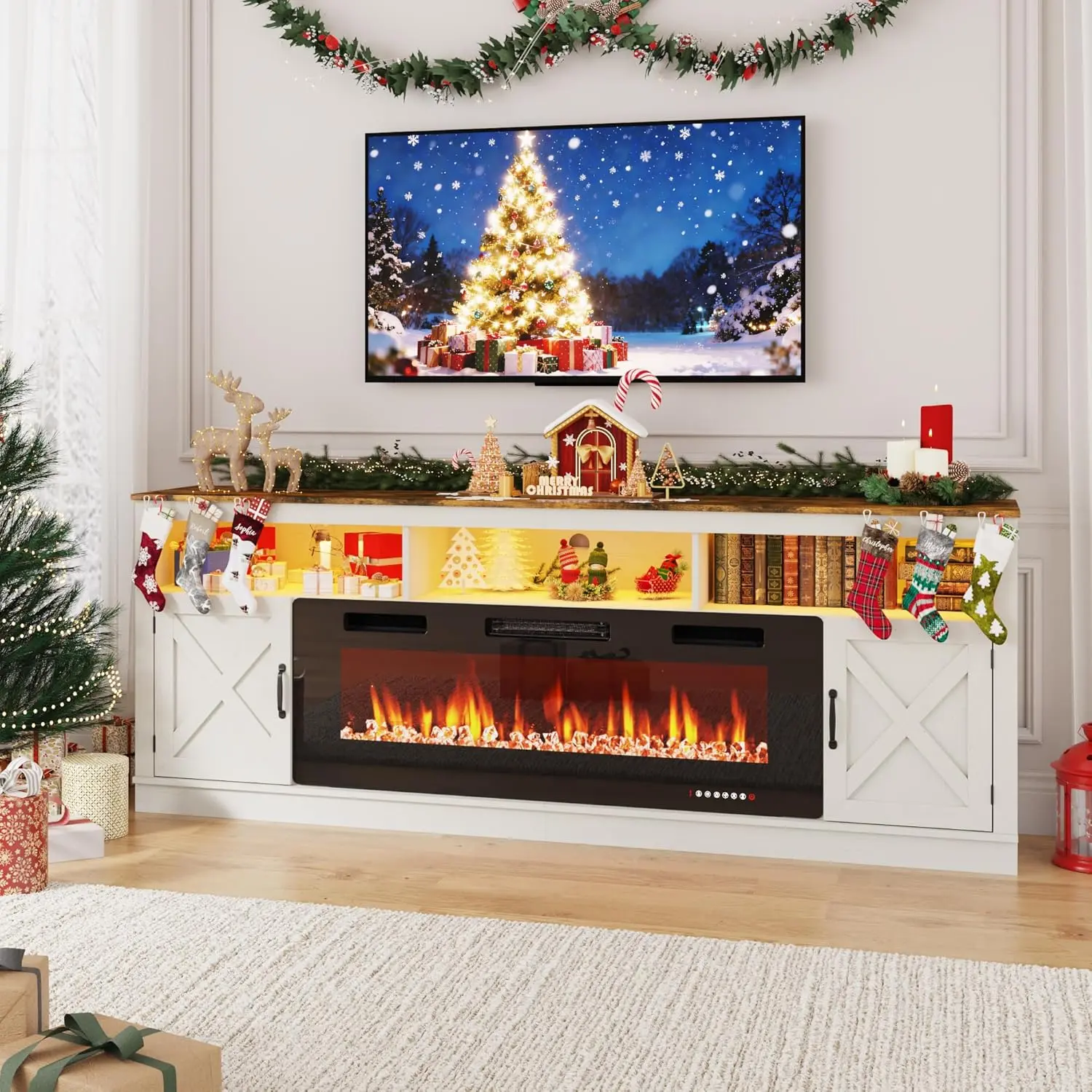 【2Packages Shipping】Farmhouse TV Stand with 50" Fireplace for 95" TV, 83" Fireplace Entertainment Center with Barn Doors and LED Light, Tall TV Stands for Living Room, White/Brown/Grey