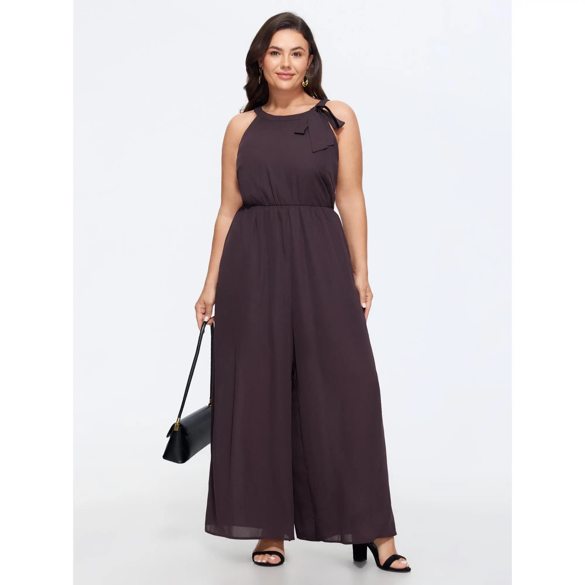 BLOOMCHIC Women's Plus Size Polyester Overalls, Solid Sleeveless Bow Halter Neck Wide Leg Jumpsuit with Pocket, Fit M-6X 2026 Summer Finds, Smooth, Garment, Basic, Casual, Multi-Size, Solid Fabric