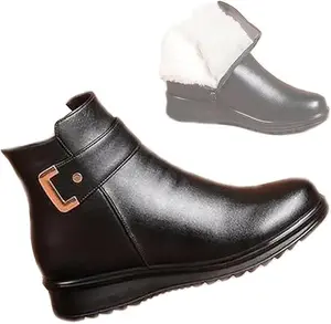 Women's Metal Buckle Genuine Leather Wool Orthopedic Boots, 2024 High-Top British Style Casual Leather Boots Girl Walking Shoes Shoe Footwear Winter