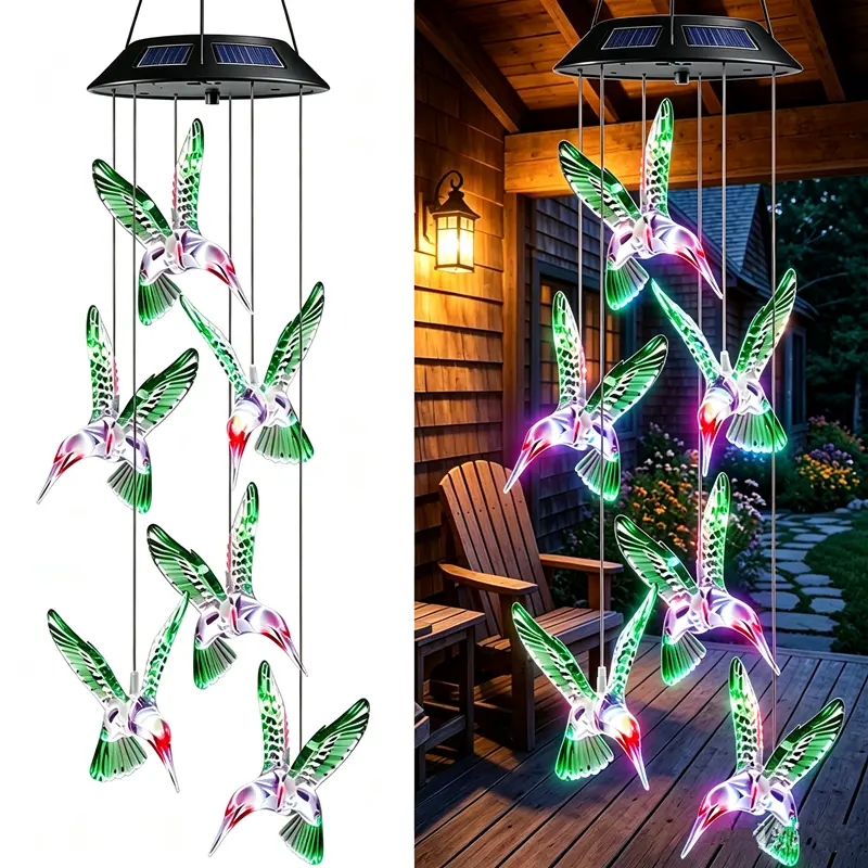 Solar-Powered LED Green Hummingbird Chime Light, Waterproof Color-Changing Outdoor Pendant, Durable Garden Decor, Yard Decor Backyard Glow Set，Outdoor Decorations
