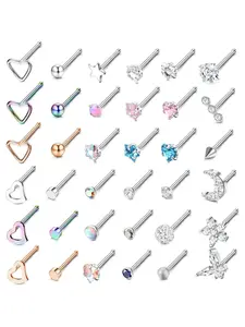 20G Nose Stud Ring 316L Stainless Steel Nose Piercing CZ Diamond Heart L Shaped/Screw Silver Nose Studs for Women 36PCS Nostril Piercing Jewellery Nose Studs