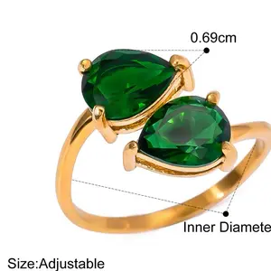 Anillo fashion con zirconia verde, ajustable, chapado en oro 14k