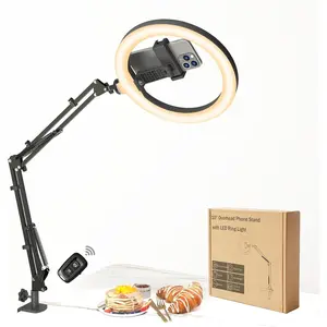 10" LED Ring Light with Overhead Phone Stand, CRI>=95 1200lm Dimmable Lighting, Adjustable Metal Arm with Remote & Phone Holder, for Streaming, Makeup, Zoom Calls, Photography