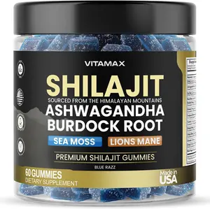 Organic Pure Shilajit Gummies with Sea Moss Ashwagandha Lions Mane Mushroom Burdock Root 105 Trace Minerals Energy Focus Brain Booster Health Immune Support Supplement Vegan Non GMO Blue Razz Flavor Daily Vitamins 60ct