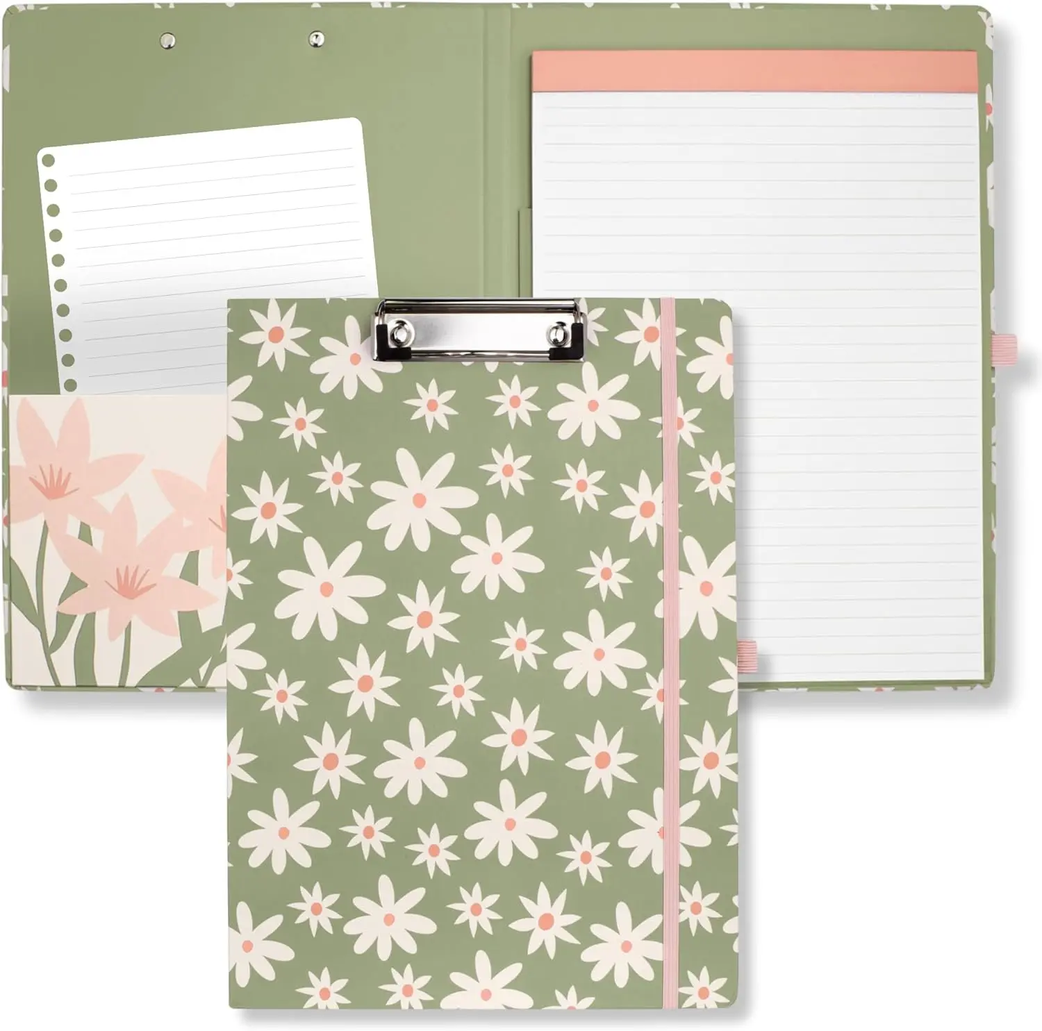 & Co Cute Clipboard Folio with Refillable Lined Notepad  Interior Storage Pocket, Padfolio for Work, Daisy Floral Green