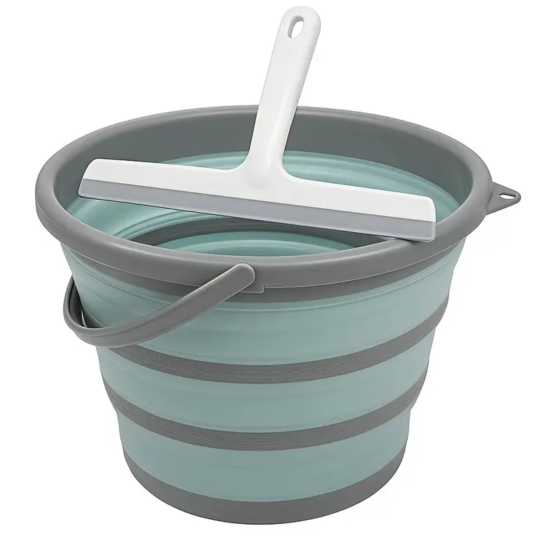 Collapsible 10L 2.6gal Bucket with Handle and Squeegee, Foldable Space-Saving Portable Storage Tub for Household, Outdoor Camping
