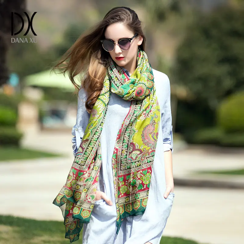 DANA XU Scialle Pashmina In 100% Lana Merino – Extra Large 244x109 Cm, Leggero, Con Frange, Stampa Floreale, Regalo Donna