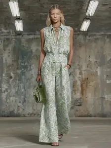 Women's Elegant Casual Summer Breezy Light Green Patterned Matching Set, Polo Collar Zip Up Tank Top Flowy Palazzo Pants Leg Lengthening, Suitable for Office Commute Date Weekend