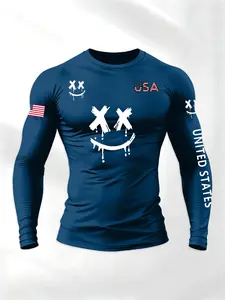 Men's Round Neck Long Sleeve T-Shirt, American Theme Letter Xx Smiley Design, Lightweight Casual Sportswear, Modern Street Style, Fitness Clothes Tops
