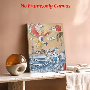 Ukiyo-E Style Wall Art, Ho-Oh & Lugia Pokemon Art Poster, Traditional Japanese Printing, and Blue Canvas Decor, Perfect Gift