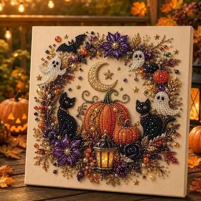 Halloween Ghost Pearl Art DIY Kit, Pearl Painting Kits for Adults, Pearls Diamond Art, Spooky-Cute Design, Fall Home Decor, Wall Art, Adults Craft Kit, 3D DIY Pearl Painting