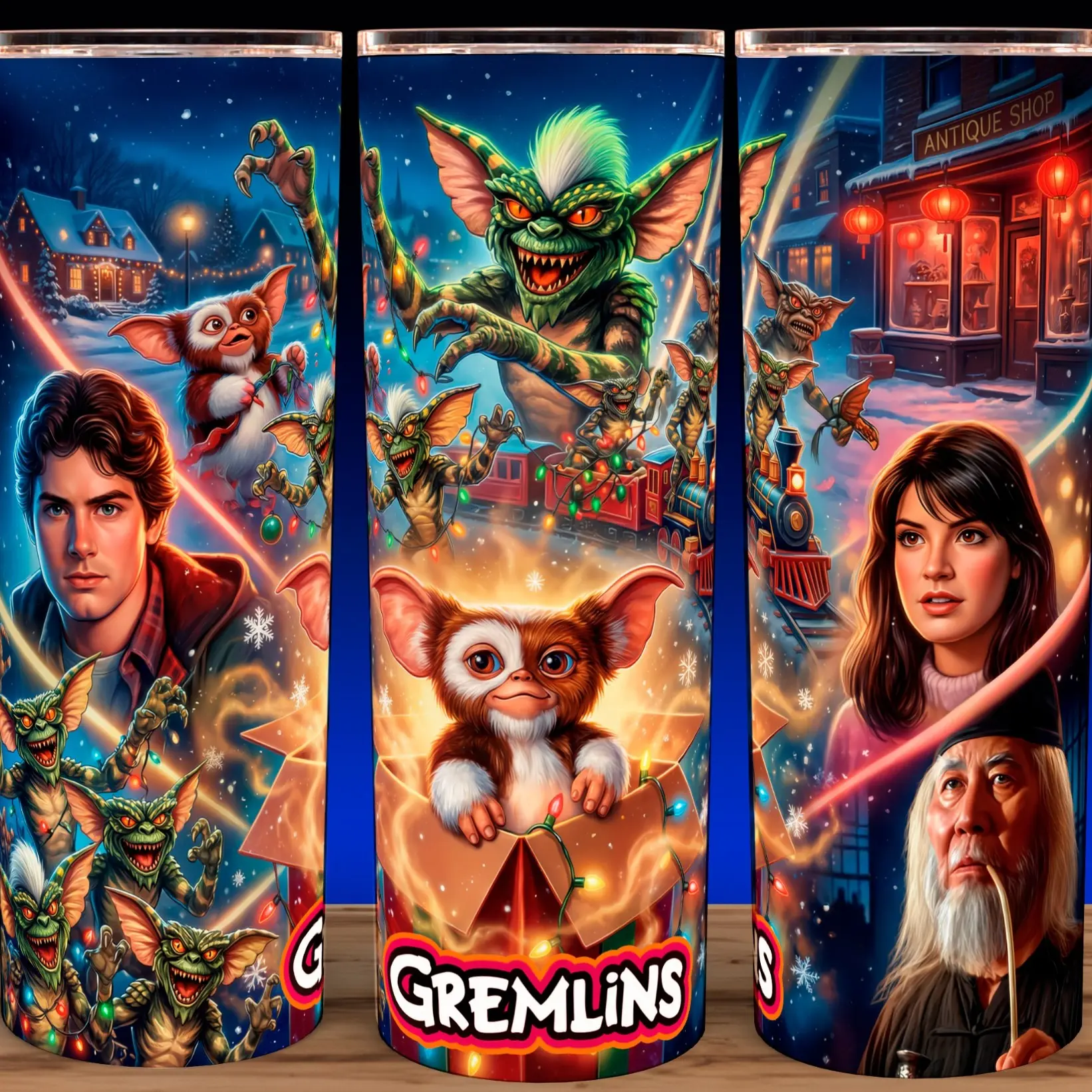 Gremlins 80s Gizmo Classic Christmas Horror Movie Cup Mug Tumbler 20oz Stainless Steel Tumbler with Slide Closure Lid, Reusable Plastic Straw, Handmade Design - Drinkware