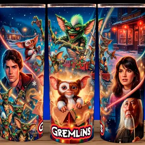 Gremlins 80s Gizmo Classic Christmas Horror Movie Cup Mug Tumbler 20oz Stainless Steel Tumbler with Slide Closure Lid, Reusable Plastic Straw, Handmade Design - Drinkware