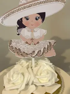 Charrita Mariachi Party Decoration - Baby Baptism Cake Topper & Centerpiece Set, Mi Bautizo Mexican Ornaments