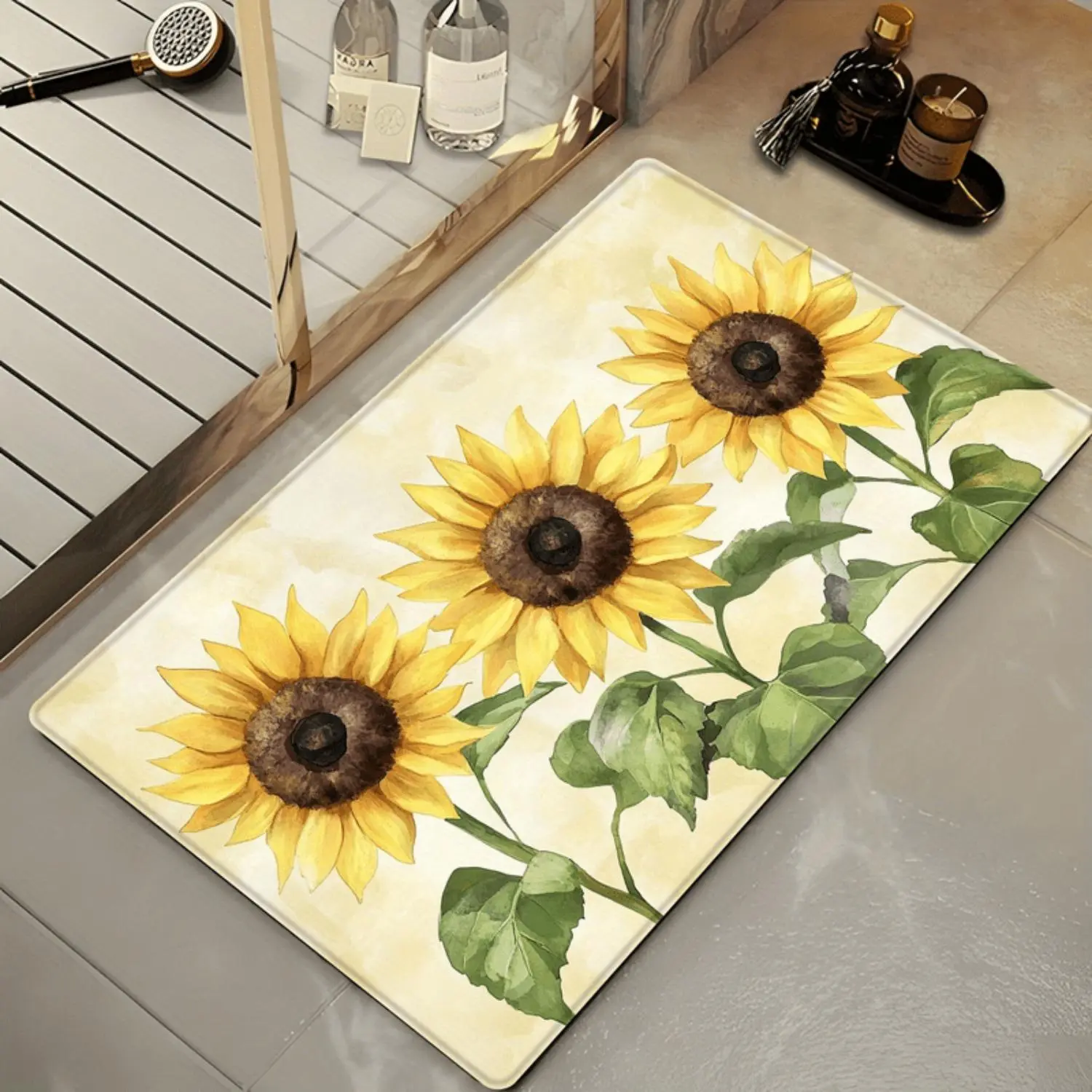 1pc Sunflower Print Flannel Plush Mat - Heat Transfer Prints, Modern Classic Nature Motif, Multi-Size, Non-Slip Decorative Doormat for Bathroom Bathtub Rim, Home Decor Textile, Water Resistant, One-Piece