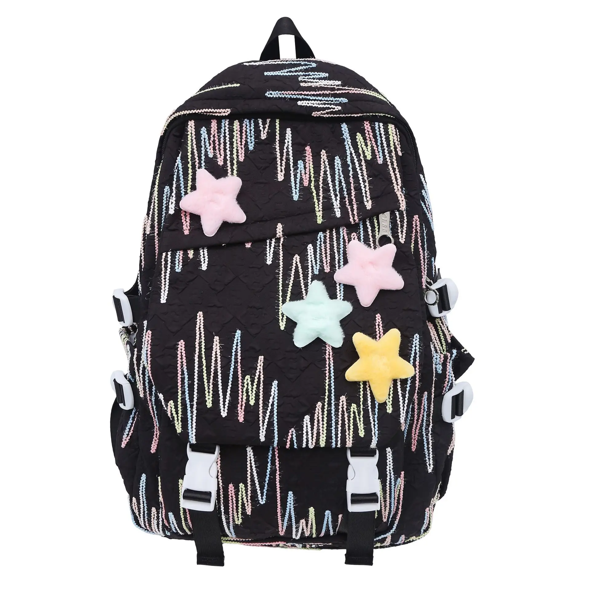 Cute colorful line-print backpack with detachable plush star charms; kawaii multi-pocket laptop book bag—casual school daypack for teen girls, ideal for back-to-school, travel, and everyday use.