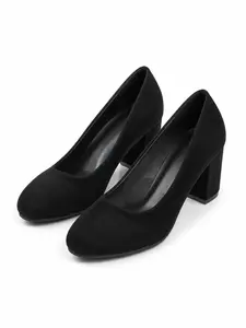 Office Siren Elegant Black Suede Pumps Classic Round Toe Block Heel Work Shoes