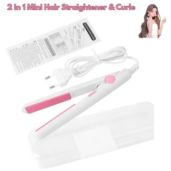 2 in 1 Mini Hair Straightener & Curler, Portable Ceramic Tourmaline Flat Iron for Short Hair & Travel, Lightweight Mini Hair Styling Tool with US Plug White