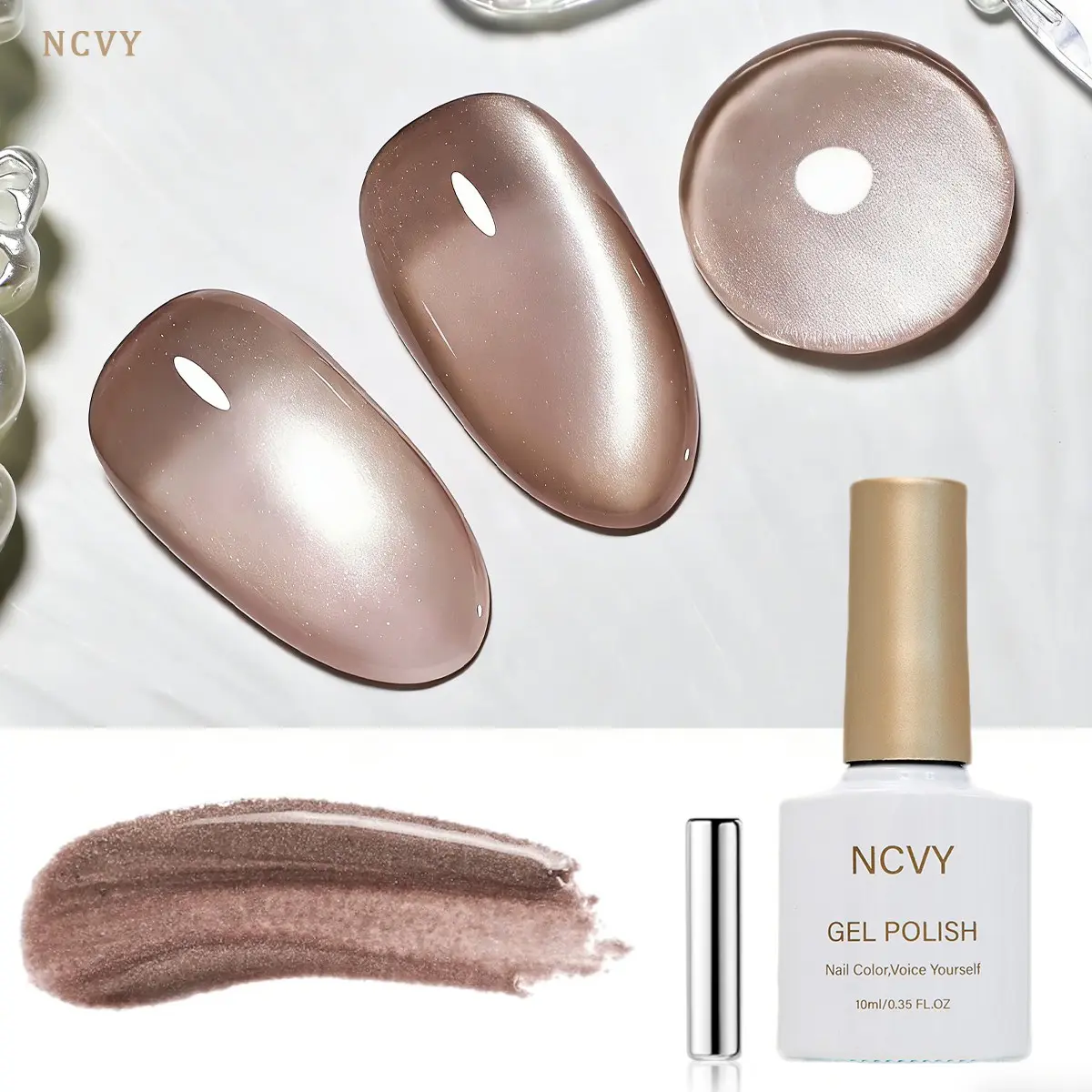 NCVY Brown Cat Eye Magnetic Gel Nail Polish, Uv Light Gel, 10ml/0.35oz with magnetic tool, long-lasting formula with LED curing, salon quality Nail Art, for DIY at home, ideal gift for Valentine's Day, safe formula free of HEMA, Nail Manicure