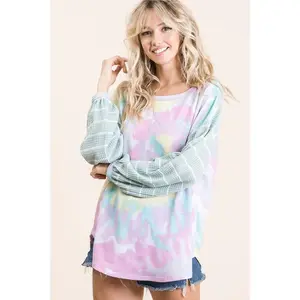 BiBi Tie Dye Terry Top with Wide Stripe Thermal Waffle