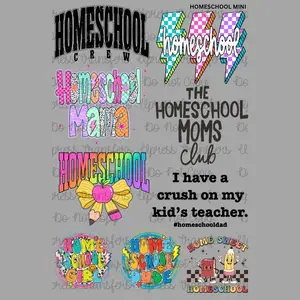 Homeschool  Mini DTF Transfer Gang Sheet 24.5" Wide x 36" Long Direct To Film Trendy Vibrant Designs for Stylish Wardrobe
