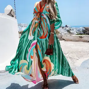 2025 Foreign Trade Europe and America Wish Spring New Cross-border Holiday Style V-neck Slim Fit Printed Long Dress