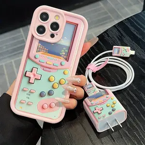 5-Piece Set High Bamboo iPhone Case Casing, Colorful Game Machine Pattern, Charging Head Cover, Data Line Protector, Storage Rope