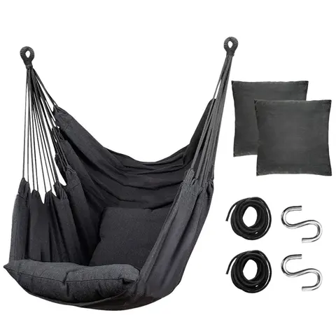 100% Handmade Cotton Weave Macrame Lounge Hammock Chair - 300 Lbs Max Weight, 2 Cushions, Ultra Supportive, Easy to Move/Carry, Outdoor Patio Use, Reading, Active Sitting Posture, Perfect Gift (Dark Grey)