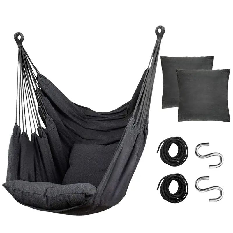 100% Handmade Cotton Weave Macrame Lounge Hammock Chair - 300 Lbs Max Weight, 2 Cushions, Ultra Supportive, Easy to Move/Carry, Outdoor Patio Use, Reading, Active Sitting Posture, Perfect Gift (Dark Grey)