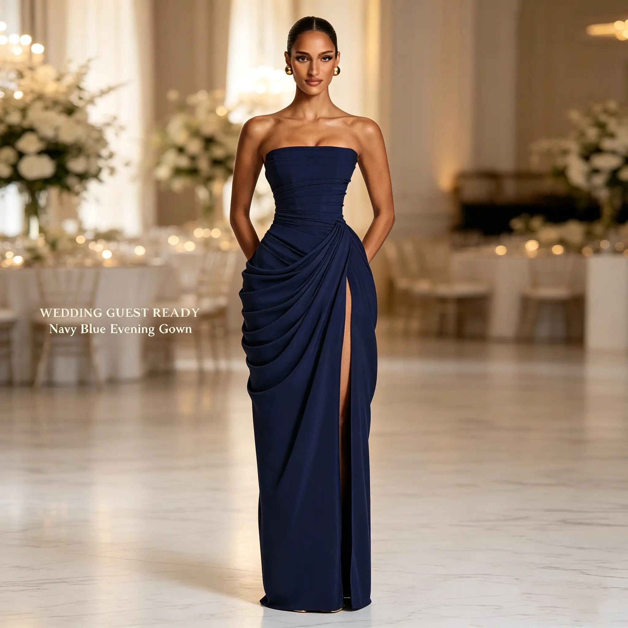 2026 New Lady's Strapless Asymmetrical Pleated High-Slit Formal Dress - Sleeveless, French Romantic, Elegant Formal Wear Clothes, Tie Back, Summer Going Out Outfit Dark Blue Womenswear wedding guest dresses prom dress wedding guest dress summer 2026