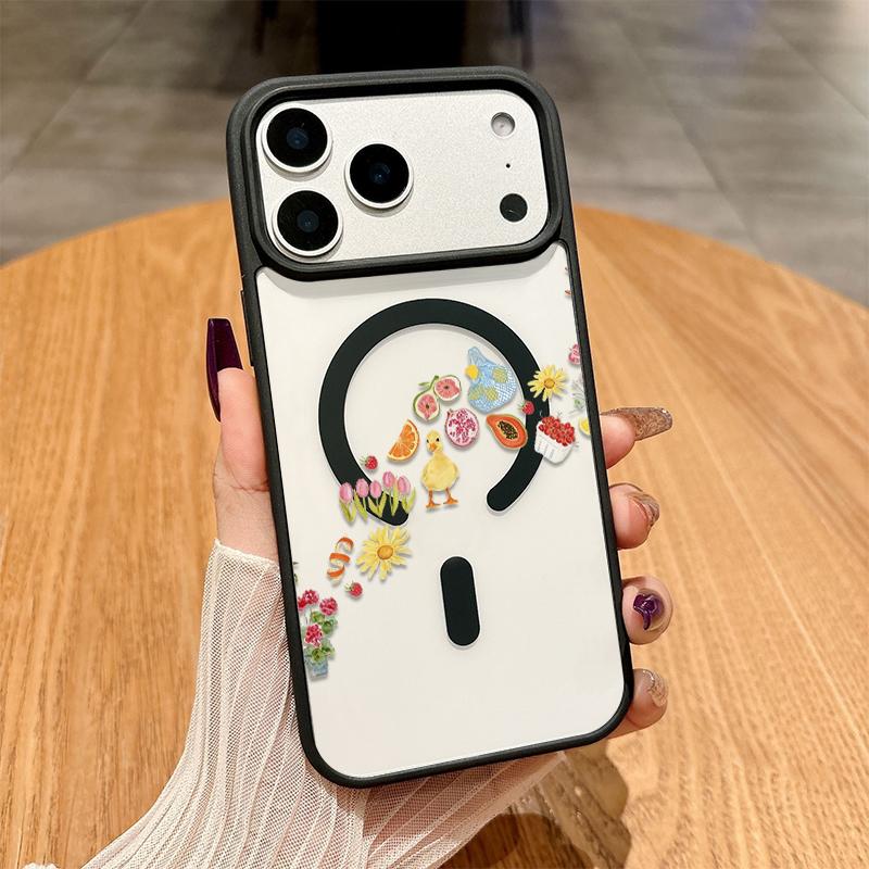 Adorable Duck Surrounded By Colorful Fruits Phone Case Featuring A Soft Tpu Back With Built-In Strong Magnet Ring, Blending Smooth Macaron Texture With Secure Magsafe Compatibility For iPhone 17 16 15 14 13 12 11 X XS