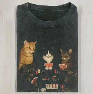 Retro Funny Cats Playing Poker Meme Graphic Tee, Cat Lover Shirt, Gift For Boyfriend Menswear Top Streetwear