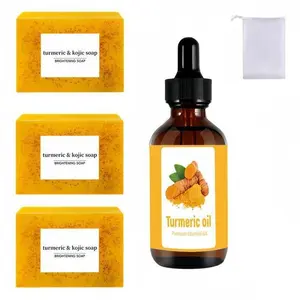 5-Piece Face & Body Care Set for Men & Women, Turmeric Curcumin Brightening Soap & Essential Oil, Daily Skin Cleansing Kit, Moisturizing Gentle Soap Set