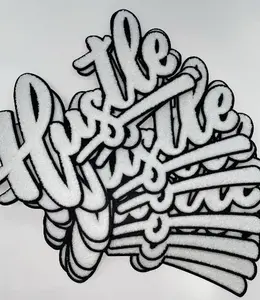 Patch Party Club, Large,Pure White w/ Black Felt "Hustle" Chenille Patch iron-on Size 8"x5", Varsity Patch for Denim Jacket, Shirts, & Hoodies